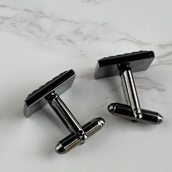 Gunmetal & Silver Rectangular Stripe Cufflinks For Men - Picture 5 of 8